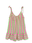 A sleeveless tiered dress with vertical pink and green stripes,