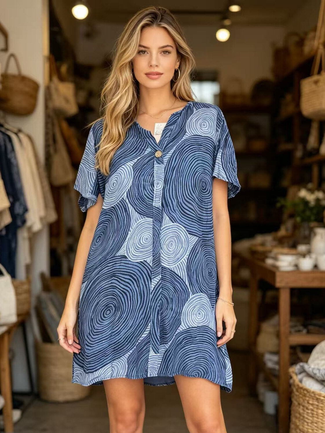 Woman wearing a blue patterned dress in a store setting