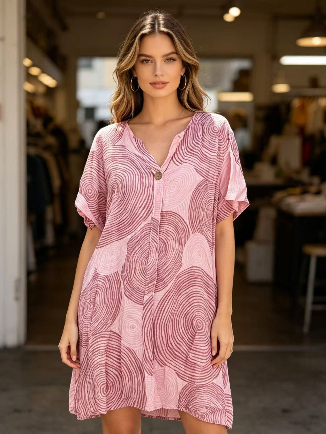 Woman wearing a pink patterned dress in an indoor setting