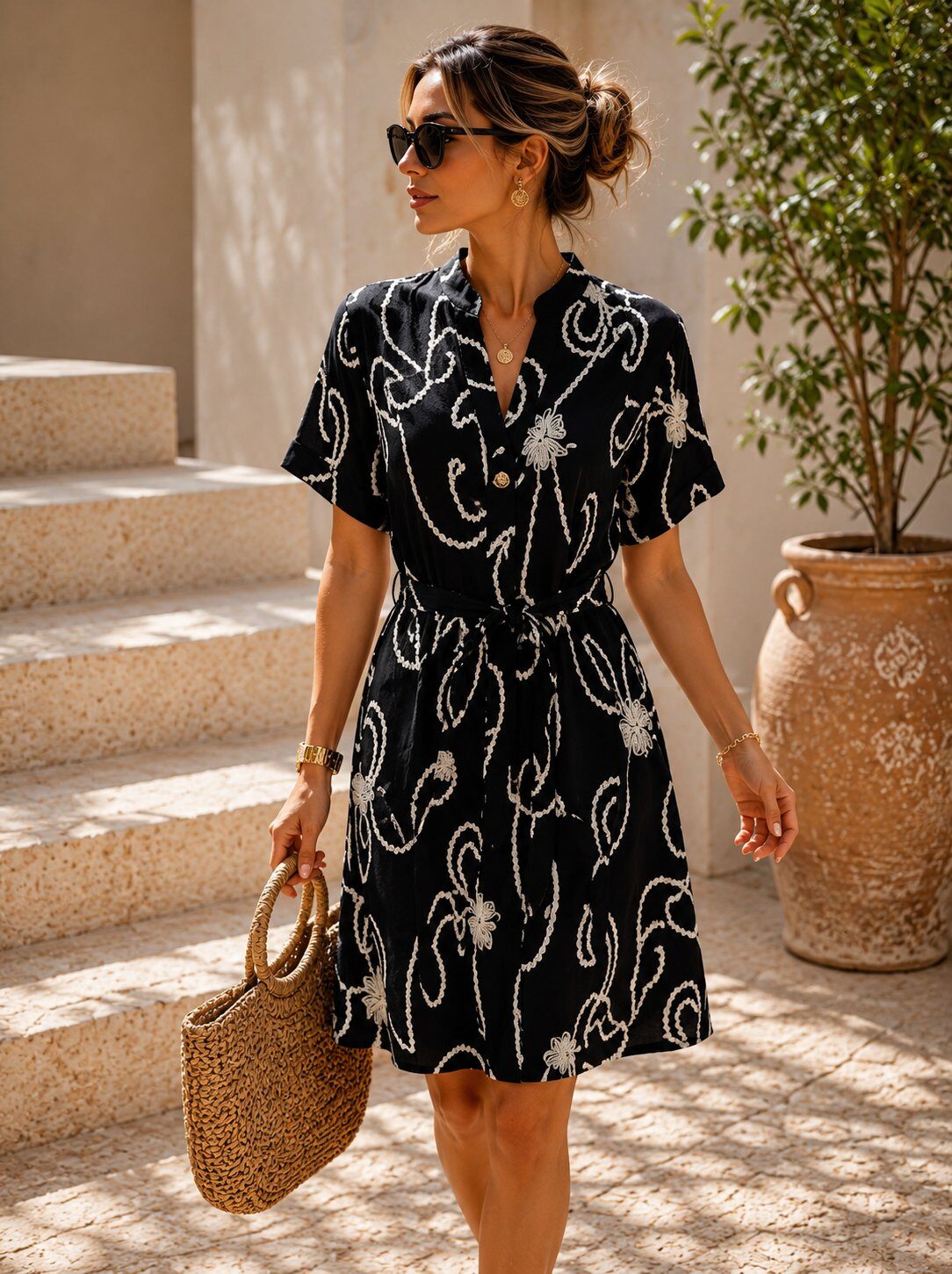 Woman in a black dress with white patterns walking outdoors.