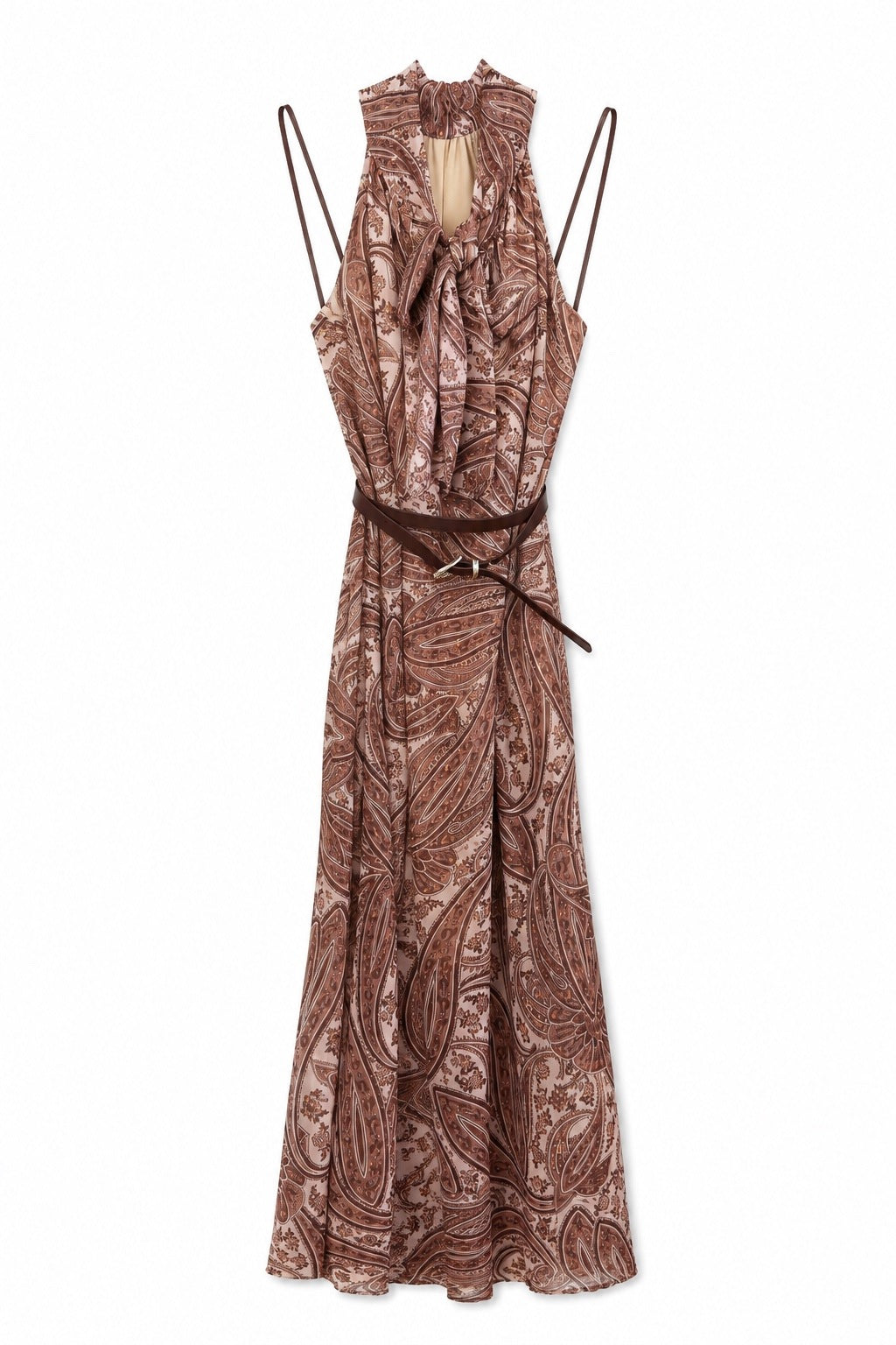 printed sleeveless georgette dress with tie neck