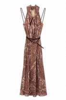 printed sleeveless georgette dress with tie neck
