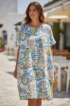 Fish print linen and cotton dress