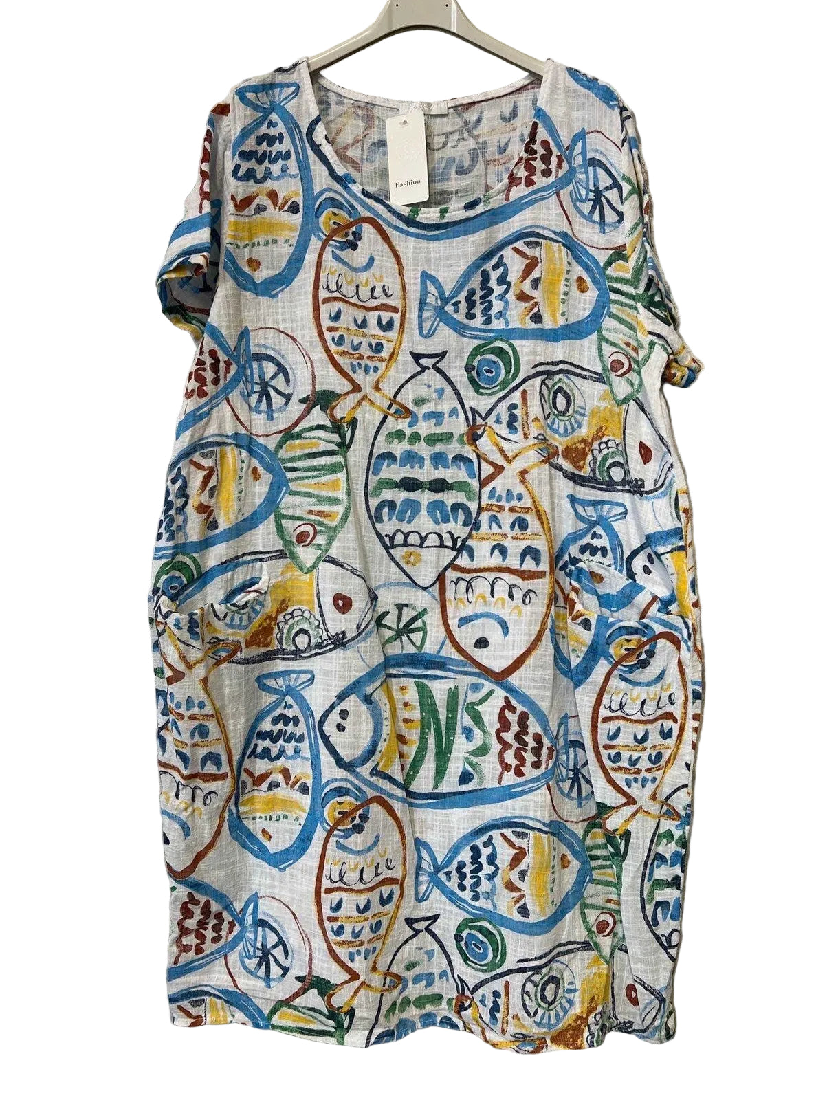 A white dress with an all-over colorful fish print