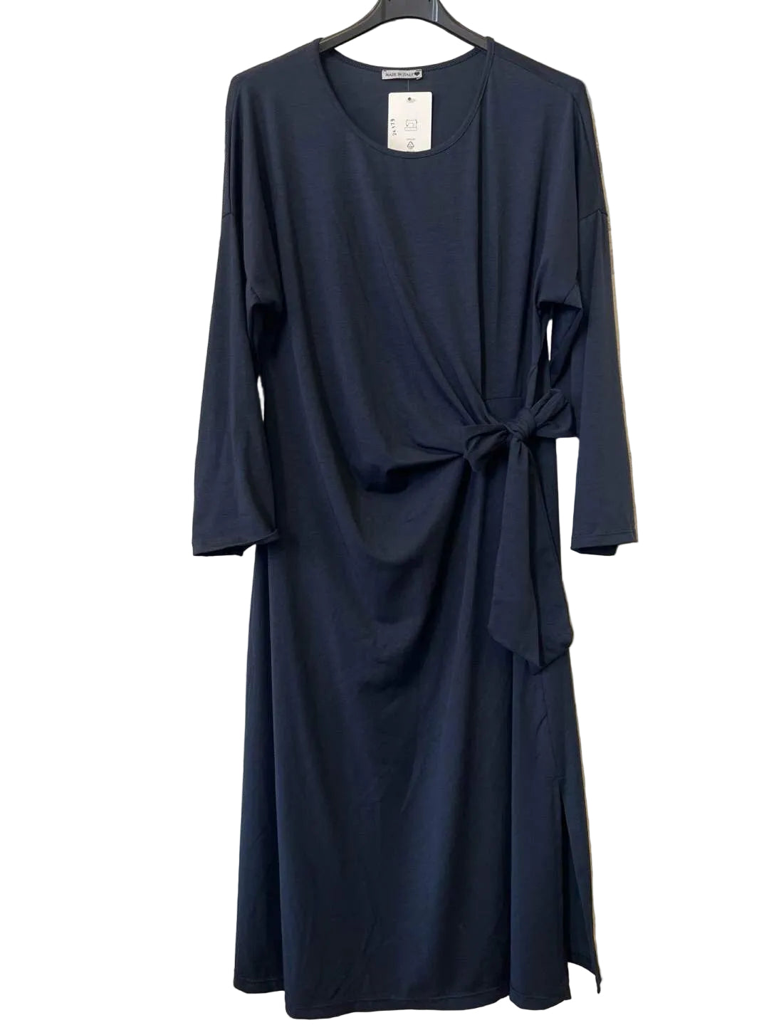 A dark navy blue long-sleeve dress with a knotted waist,