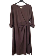 A dark brown long-sleeve wrap dress with a tie waist