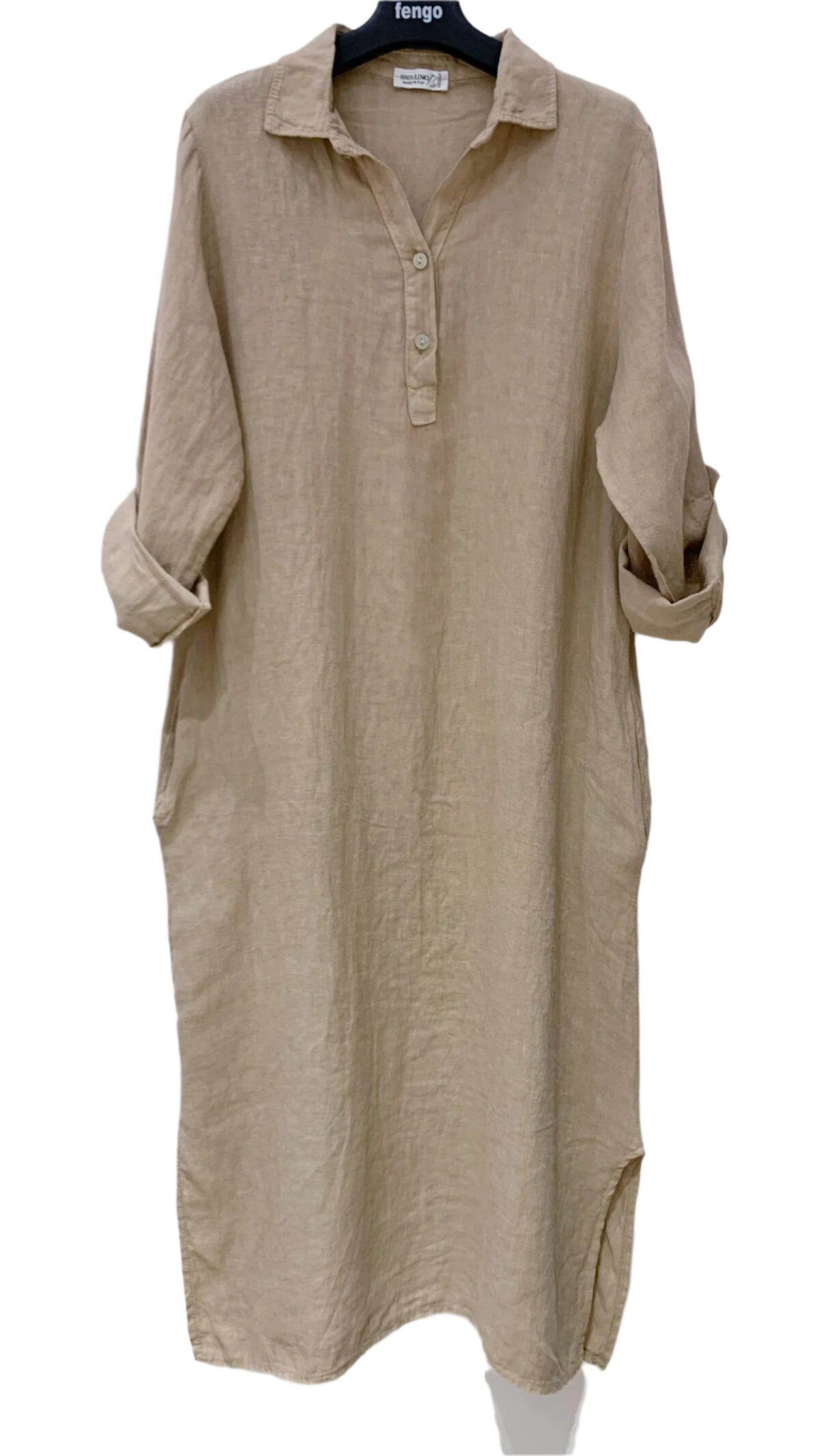 Beige long-sleeve dress on a hanger against a white background