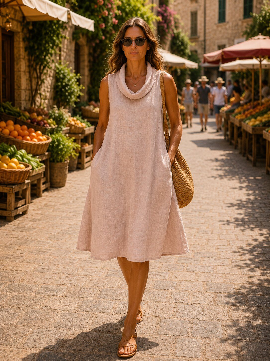 Woman in a light pink dress walking through an outdoor market.