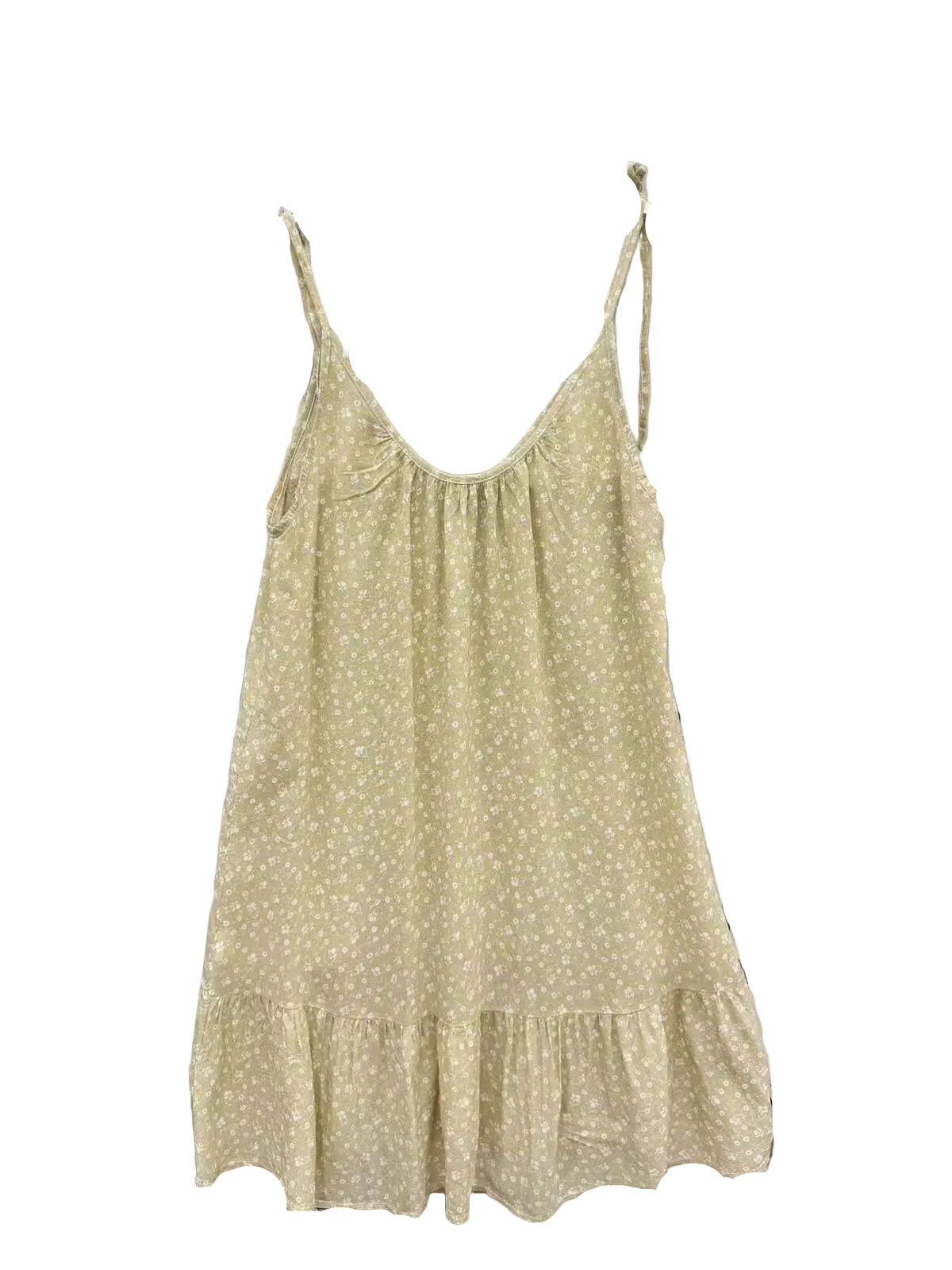 A light yellow sleeveless spaghetti-strap dress with a small white floral print