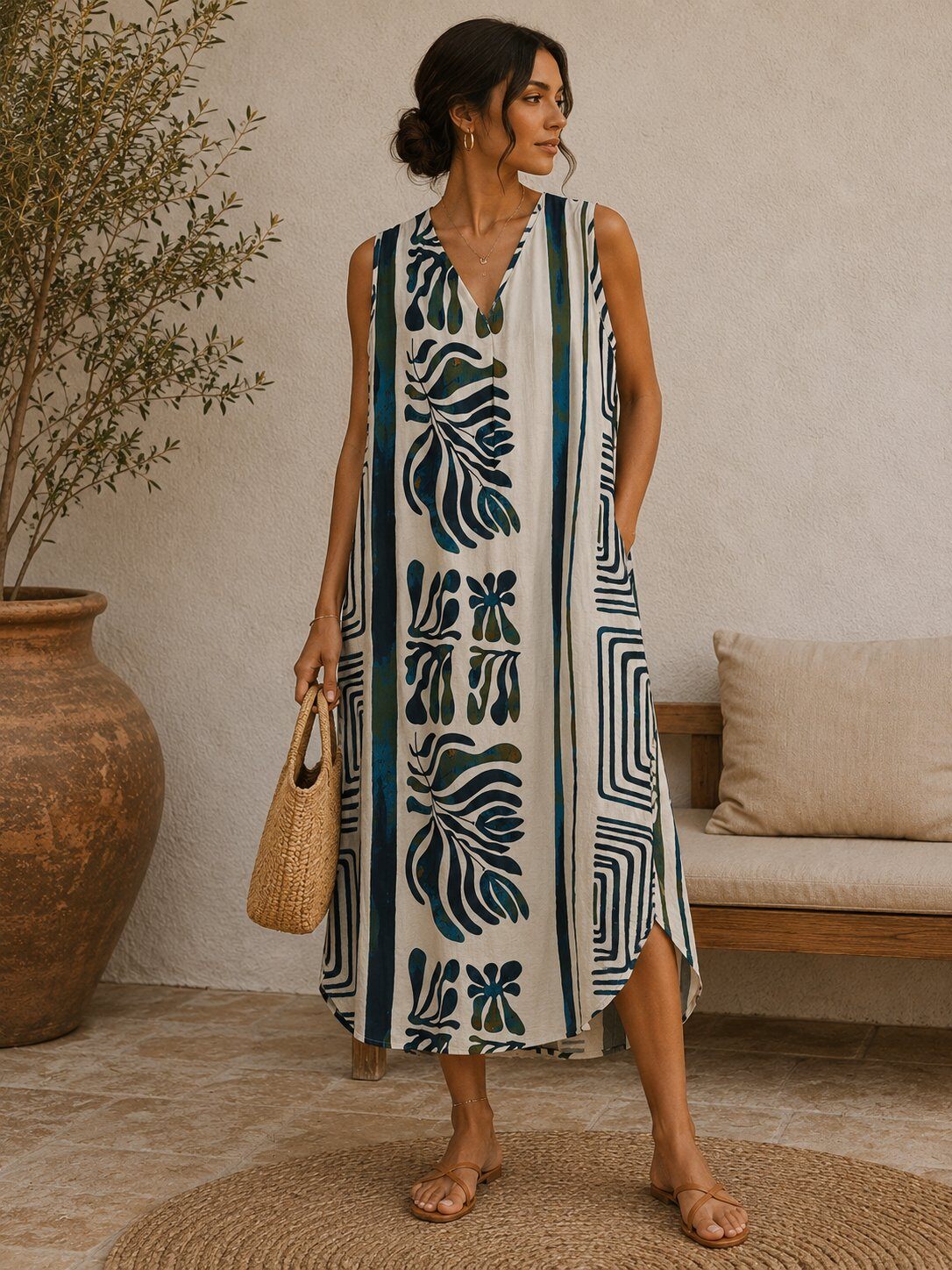 Woman wearing a long, patterned dress standing in a room with a plant and a couch.