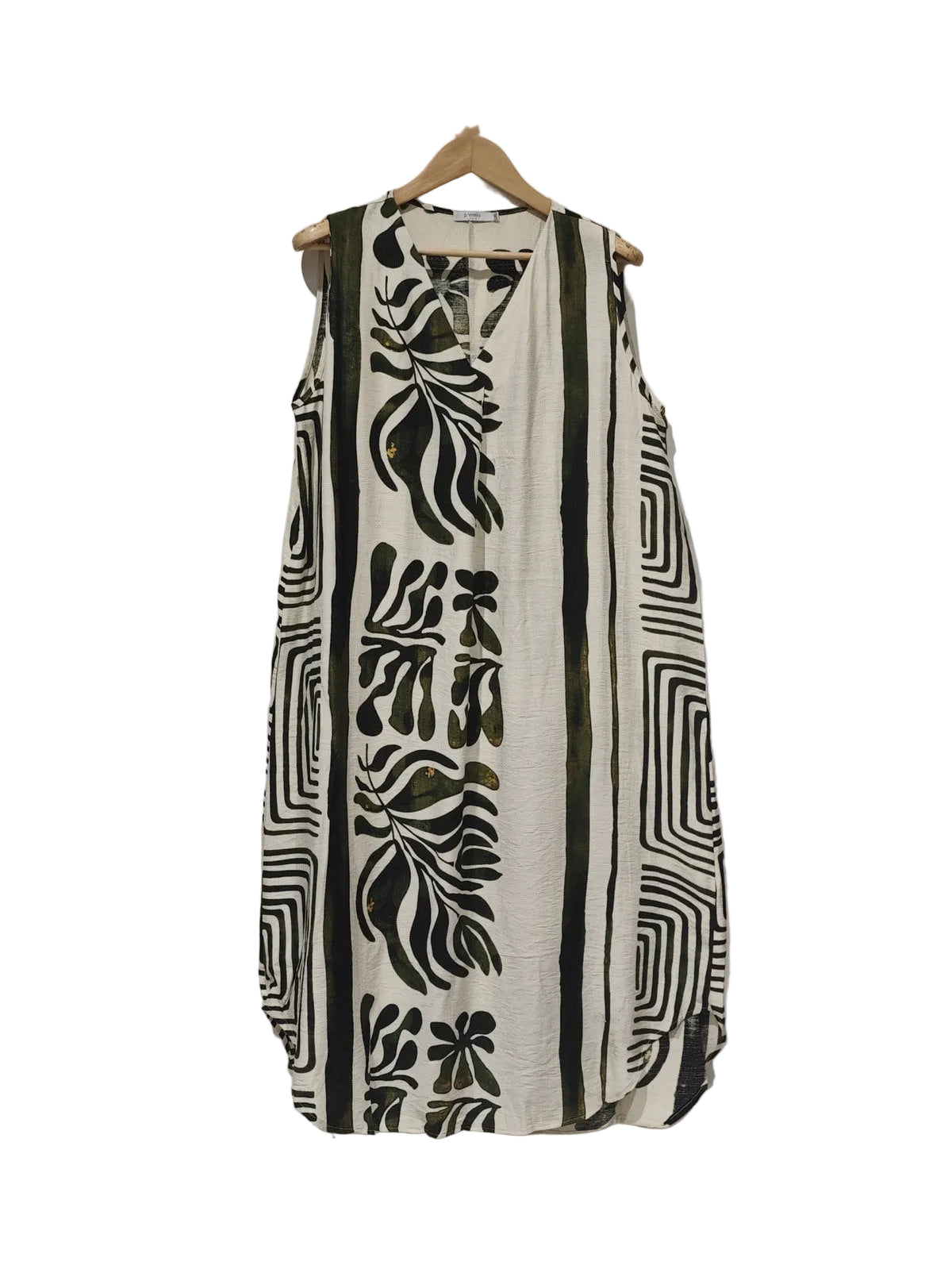 Sleeveless dress with khaki abstract patterns on a hanger against a plain background