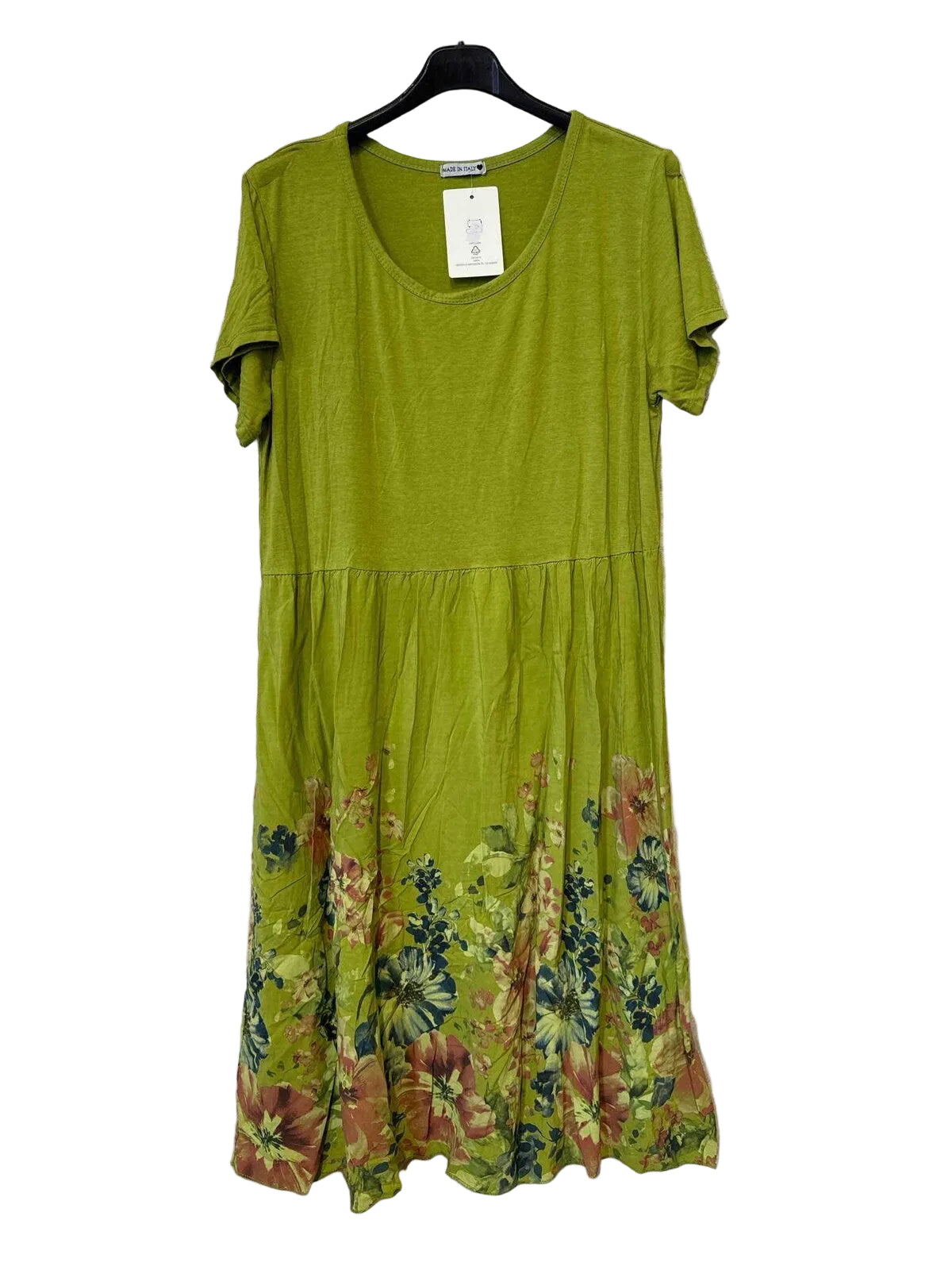 A lime green short-sleeve dress with a floral print hem,
