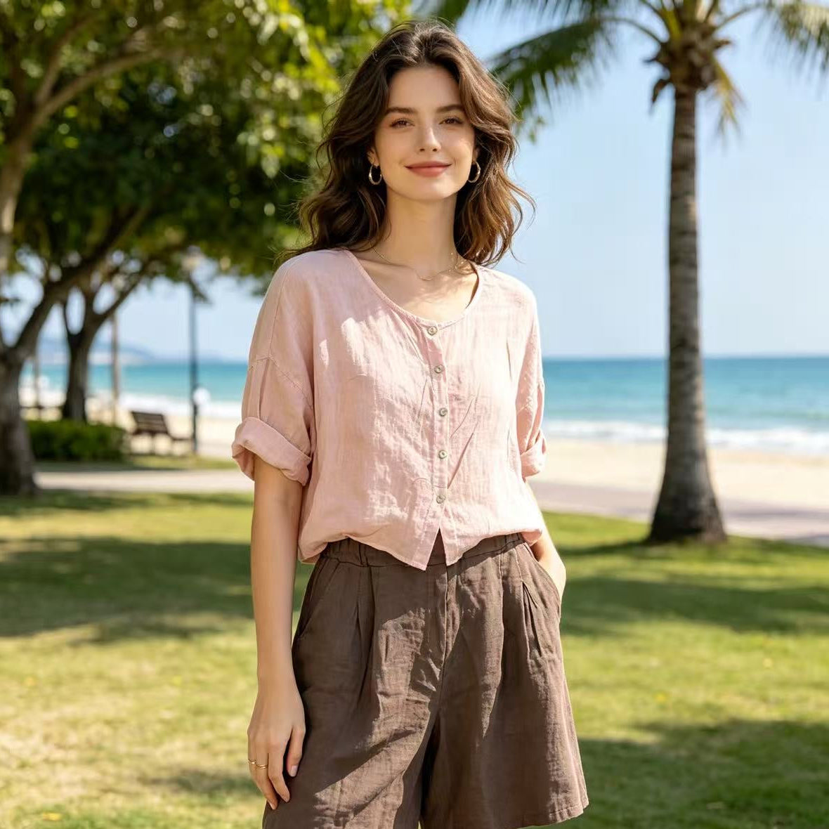 rose button front linen shirt