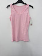 Rose tank top on a hanger against a white background