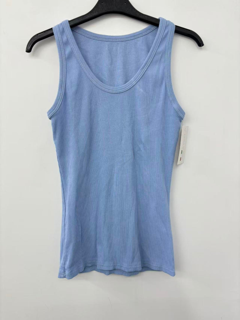 sky blue tank top on a hanger against a white background