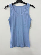 sky blue tank top on a hanger against a white background