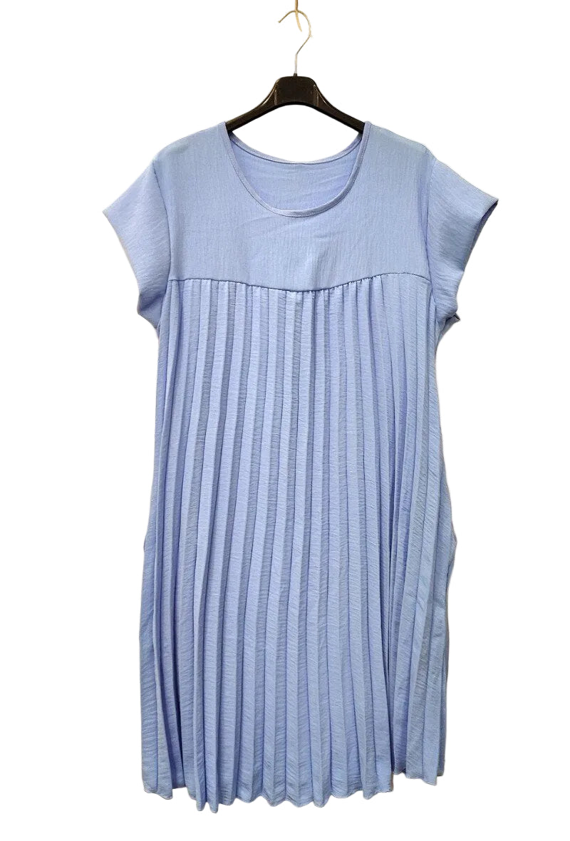 sky blue pleated dress on plain background