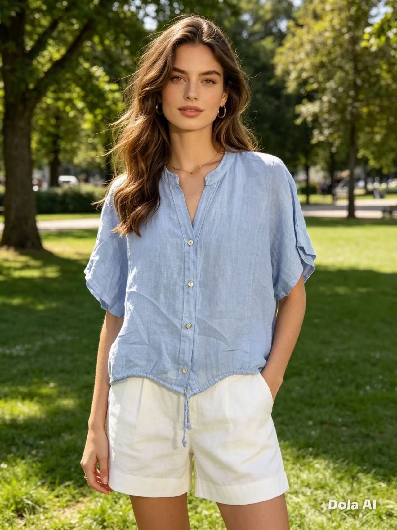 Woman wearing a blue shirt and white shorts standing in a park