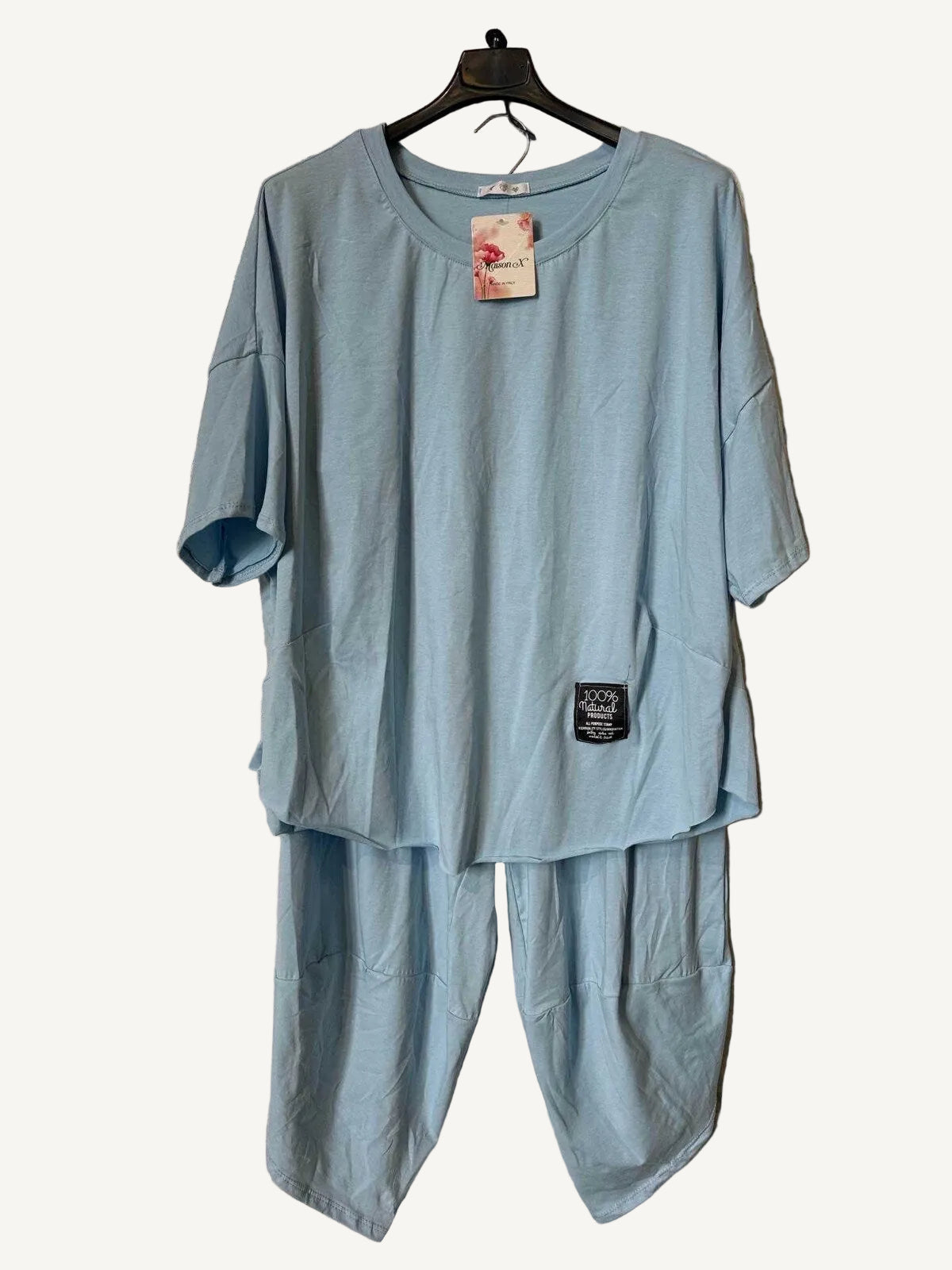 Sky blue outfit with trousers and top in cotton 