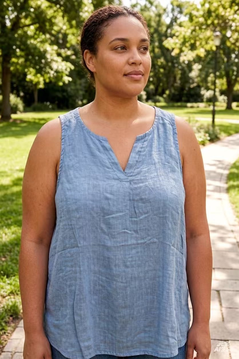 Woman wearing a blue sleeveless top in a park setting