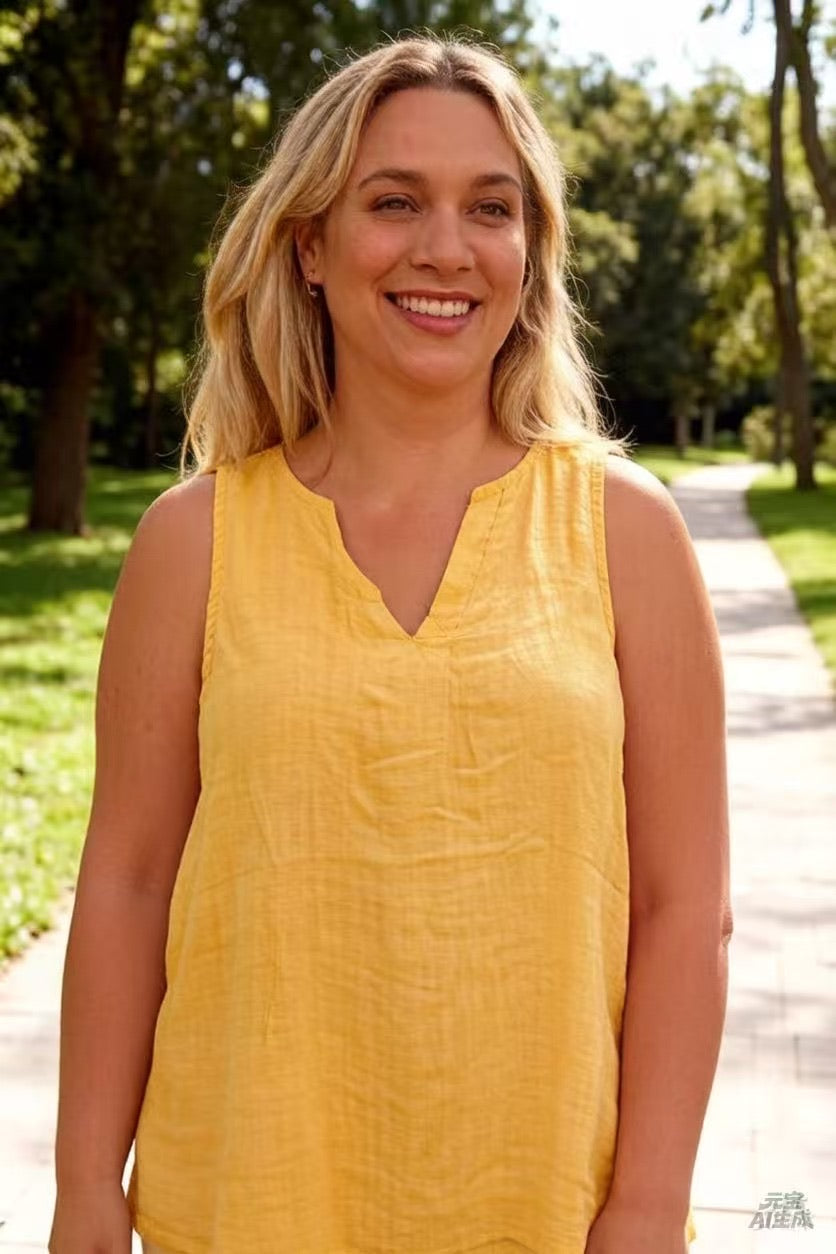Woman wearing a yellow sleeveless top standing outdoors with trees in the background