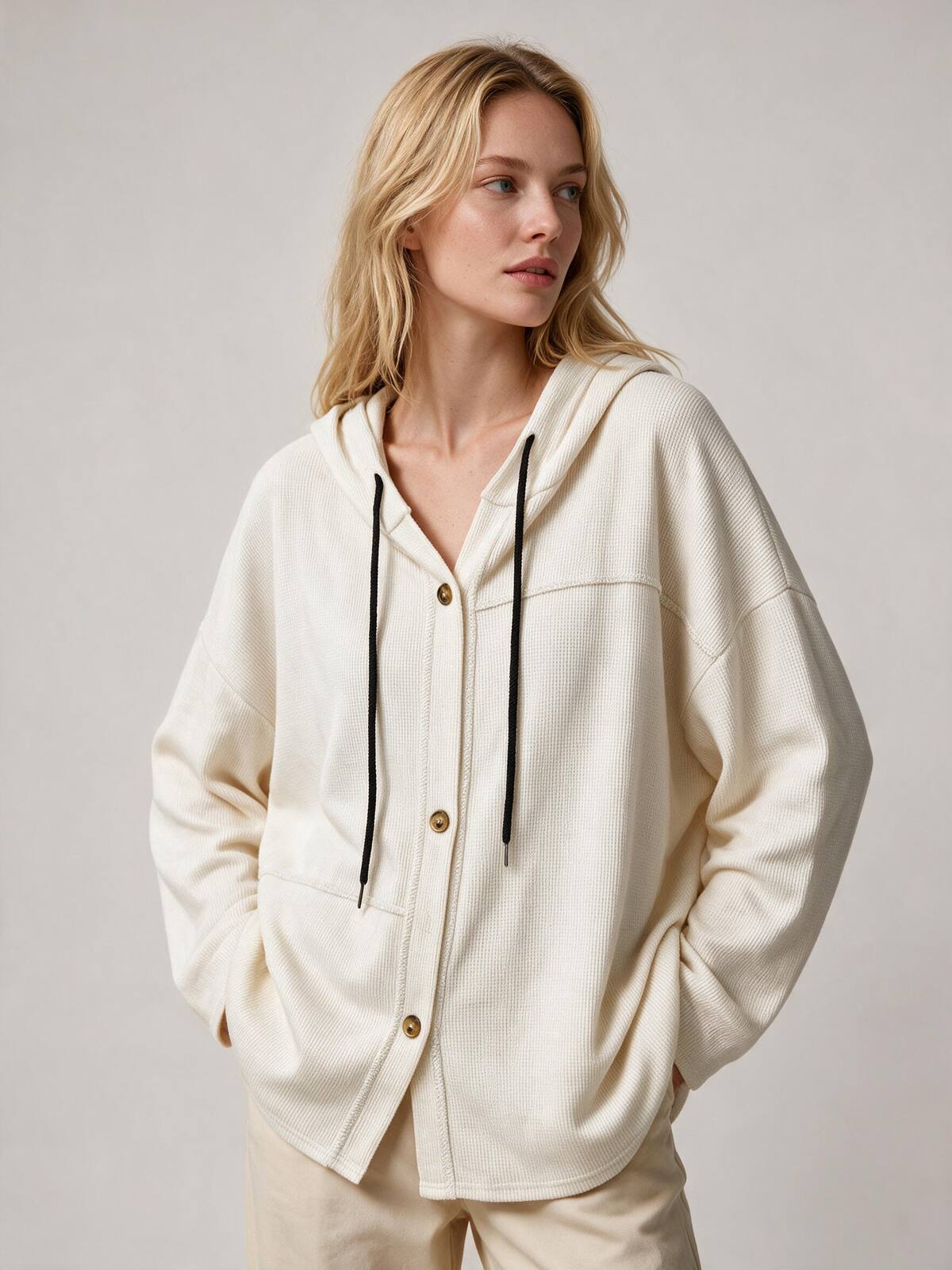 A woman wearing an oversized cream-colored hooded cardigan with black drawstrings and gold-tone buttons, paired with matching cream pants, photographed against a neutral light gray studio background.