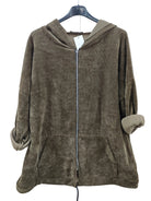 A brown zip-up hooded sweatshirt with a plush velour like texture, featuring rolled cuffs and front pockets,