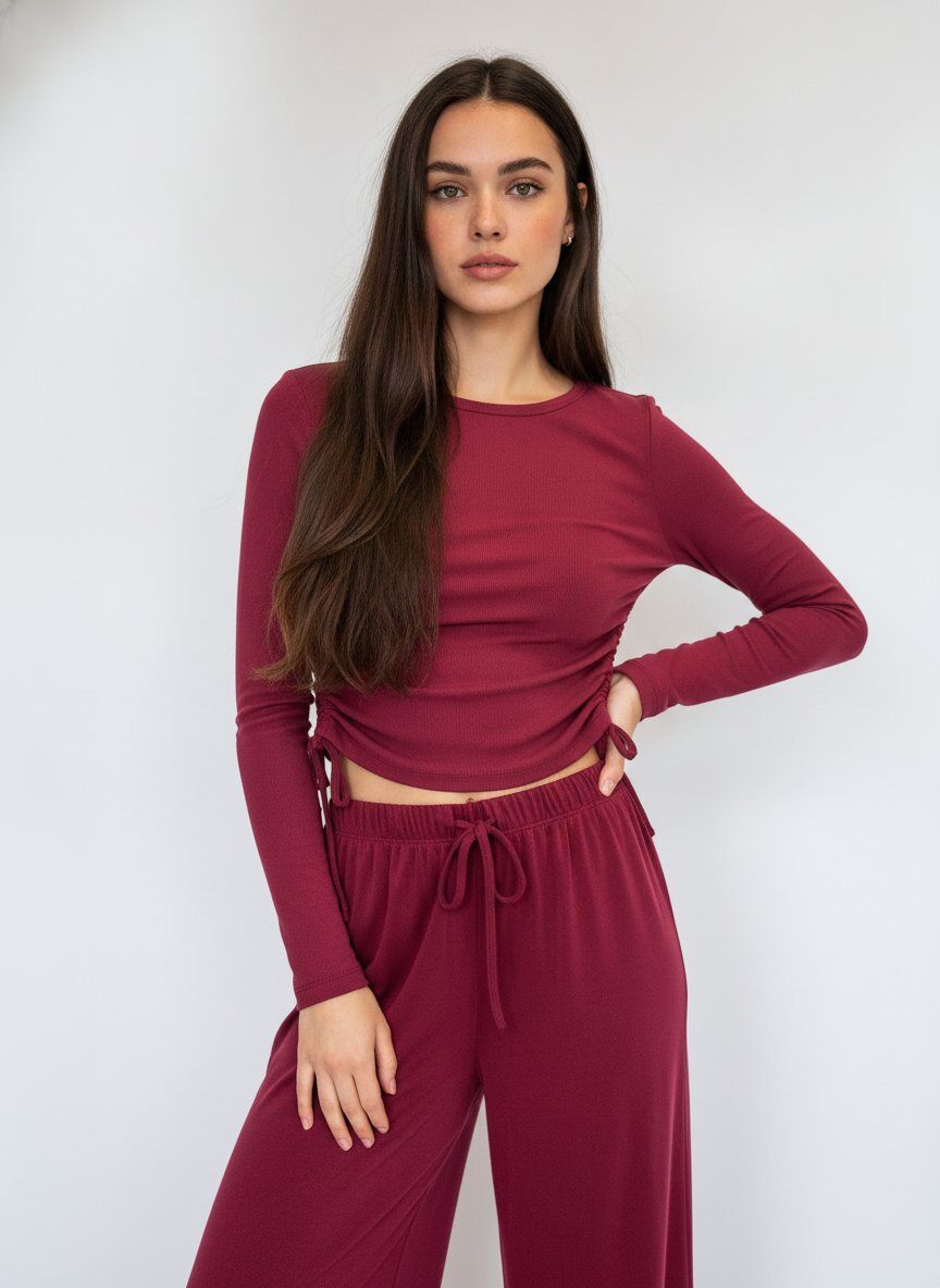 A woman modeling a matching burgundy long-sleeve crop top and drawstring lounge pants against a light gray studio background.
