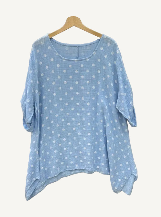Blue polka dot shirt on a wooden hanger against a light gray background
