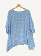 Blue polka dot shirt on a wooden hanger against a light gray background