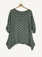 Green polka dot blouse on a hanger against a white background