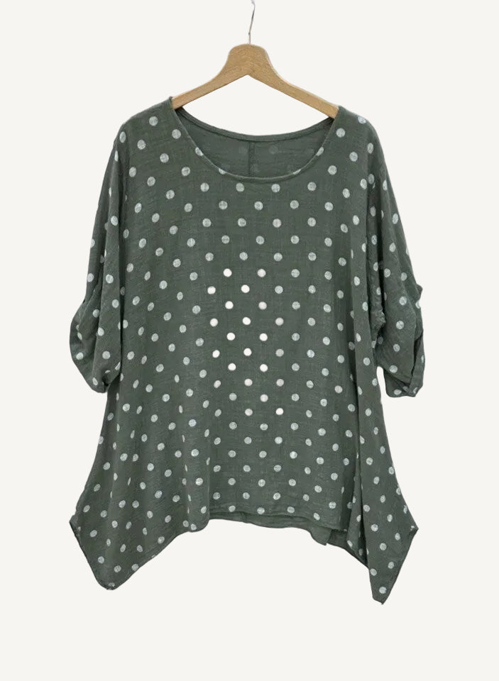 Green polka dot blouse on a hanger against a white background
