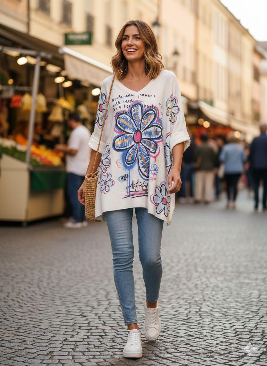 Woman wearing a colorful floral sweater and jeans walking on a street.