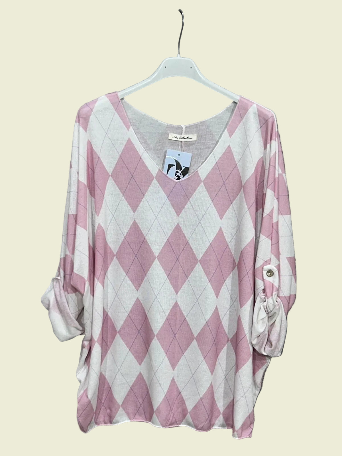 Pink and white printed top with v neck