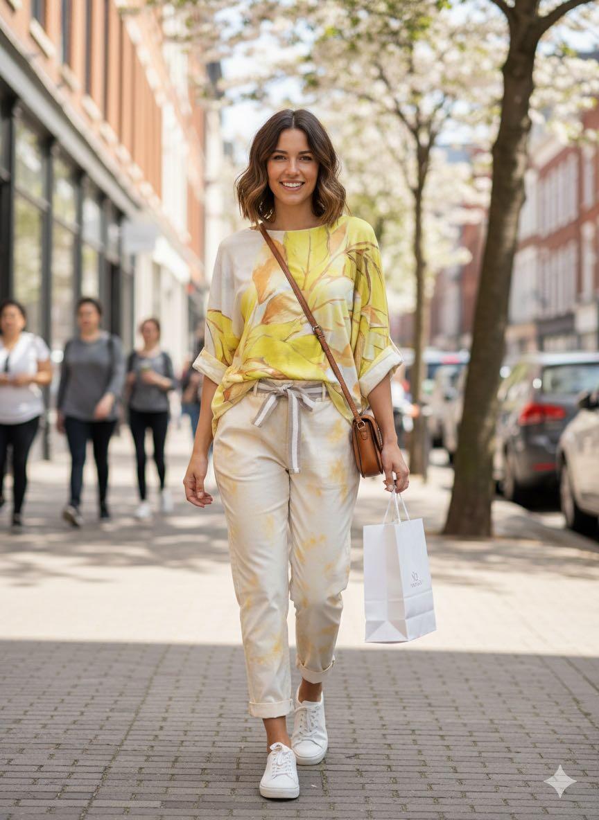 Woman walking on a city street wearing a yellow top and white pants with a brown bag.