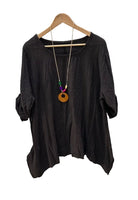 A dark brown, loose-fitting short-sleeve top with a round neckline