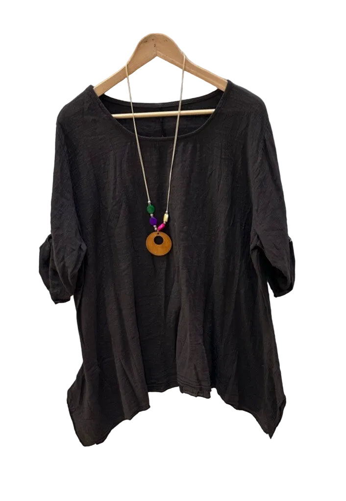 A dark brown, loose-fitting short-sleeve top with a round neckline