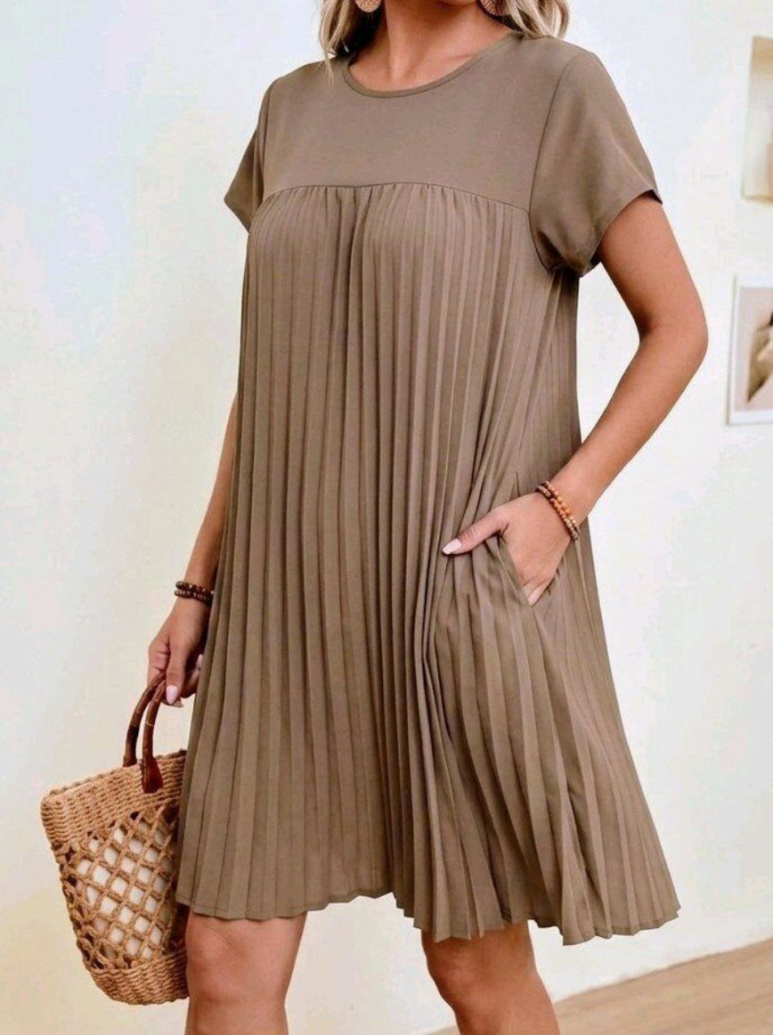 taupe pleated short sleeve dress close up