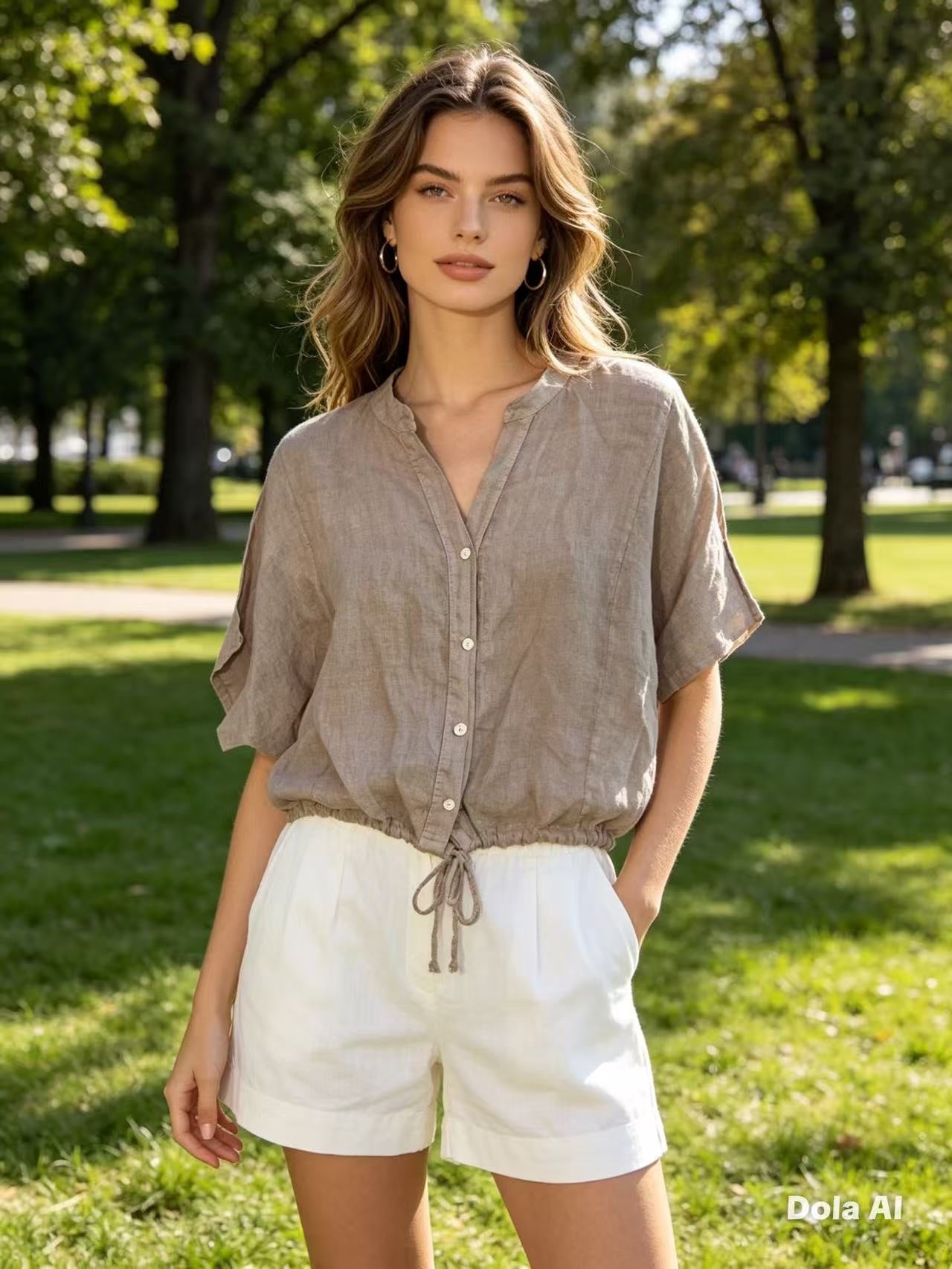 Woman wearing a beige shirt and white shorts standing in a park.