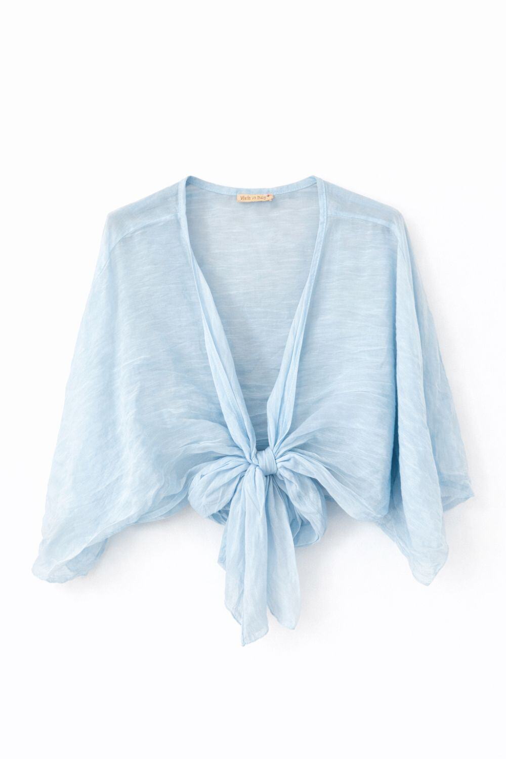 Light blue bolero with a knot detail on a white background