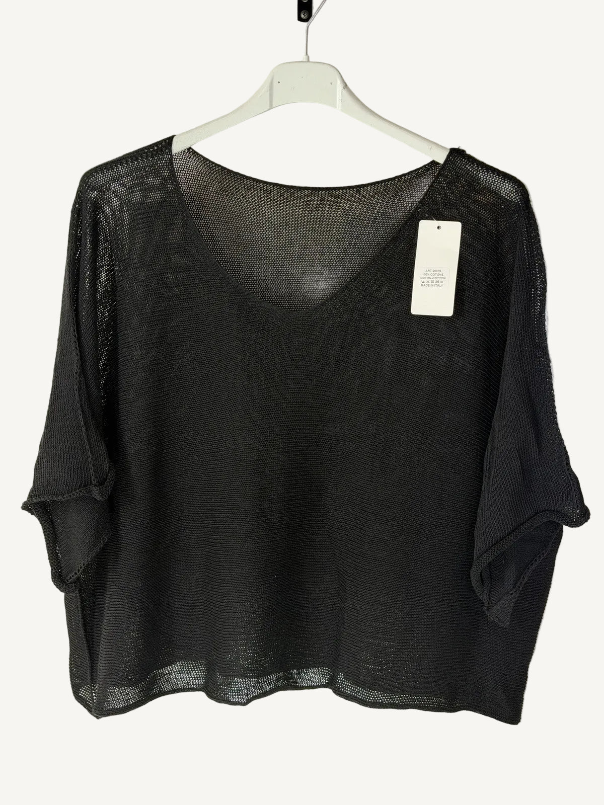 Black v neck sweater on a hanger 
