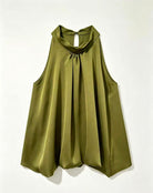 A lime green sleeveless top with a draped high neckline and a tie-front detail, displayed against a plain white background.