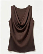 A sleeveless dark brown cowl-neck top with a draped, gathered front, displayed against a clean white background.