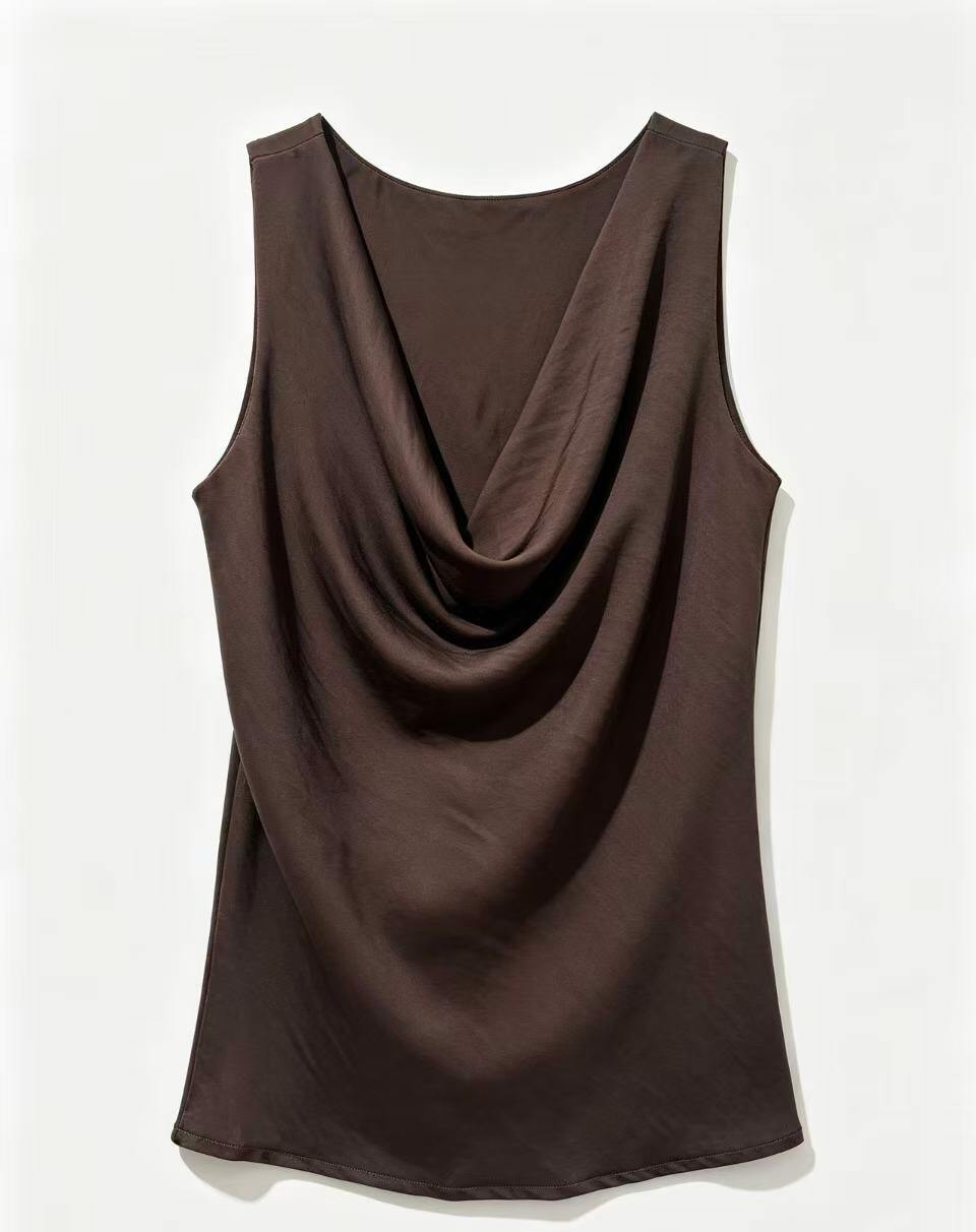 A sleeveless dark brown cowl-neck top with a draped, gathered front, displayed against a clean white background.