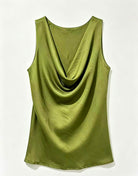 An olive green satin-like sleeveless top with a draped cowl neckline, displayed flat against a plain white background.