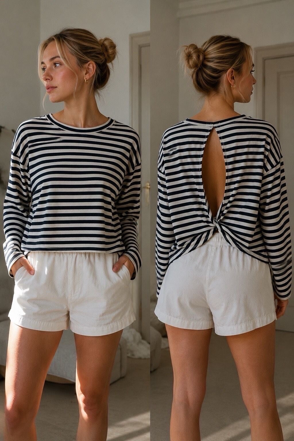 A woman modeling a black and white striped long-sleeve top with a back tie detail