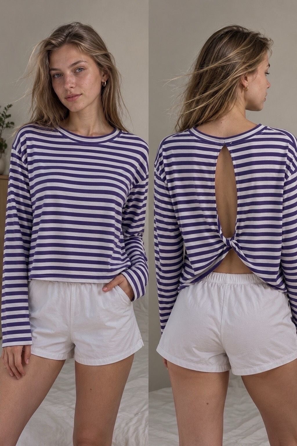 A woman modeling a long-sleeve cropped top with horizontal purple and white stripes, shown from the front and back. The back view reveals a keyhole cutout.