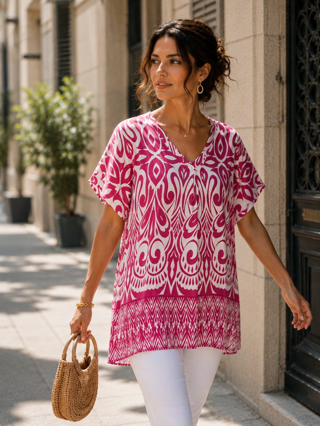 Fuchsia printed v neck tunic top