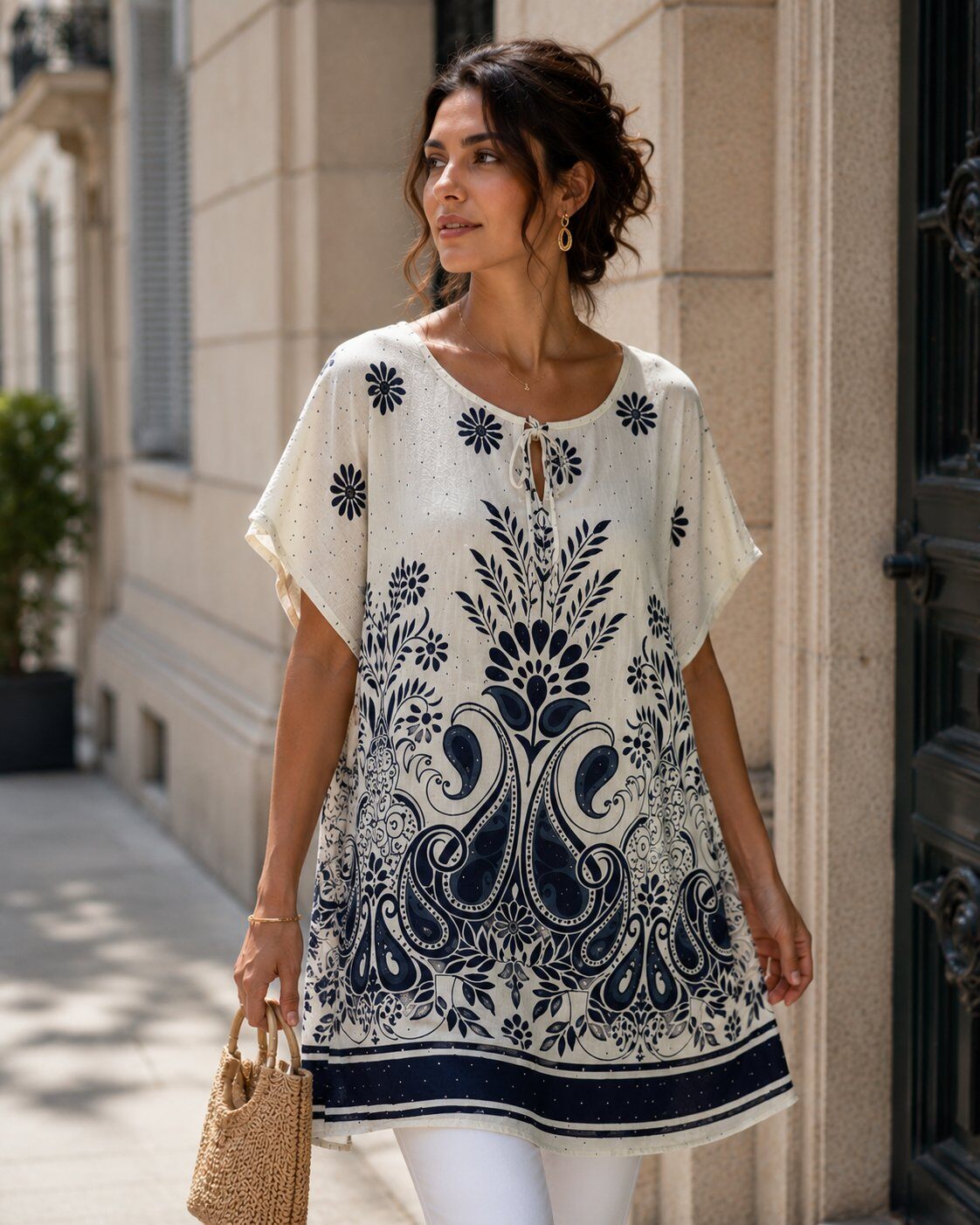 A woman wearing a short-sleeve tunic top with a navy blue floral and paisley print, standing on a city sidewalk next to a beige stone building.