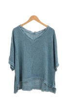 Turquoise top on a wooden hanger against a white background